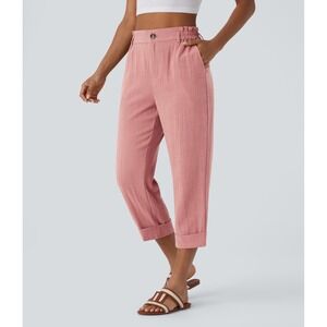 Halara High Waisted Zipper Pocket Cropped Linen-Feel Pants Rosette Size L